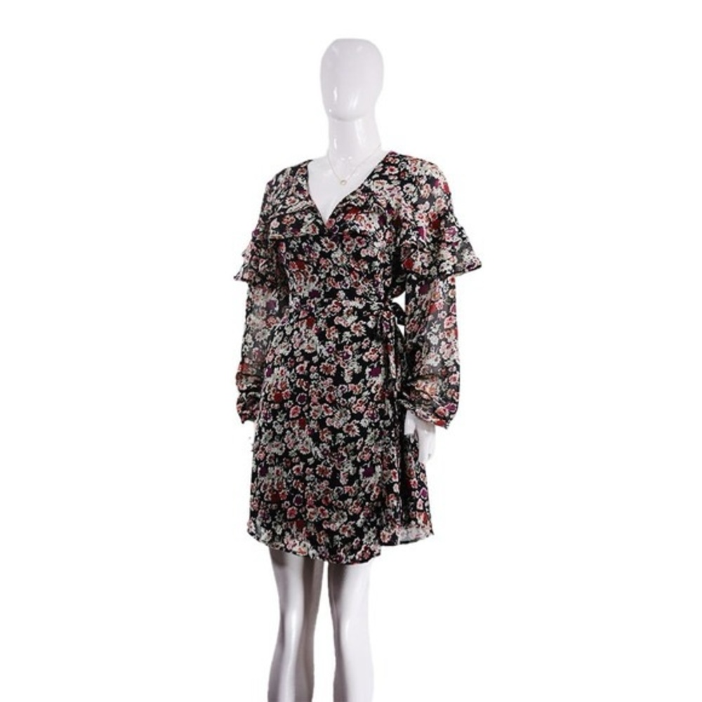 New Look Black Floral Ruffle Wrap Dress with Pink & Cream Flowers